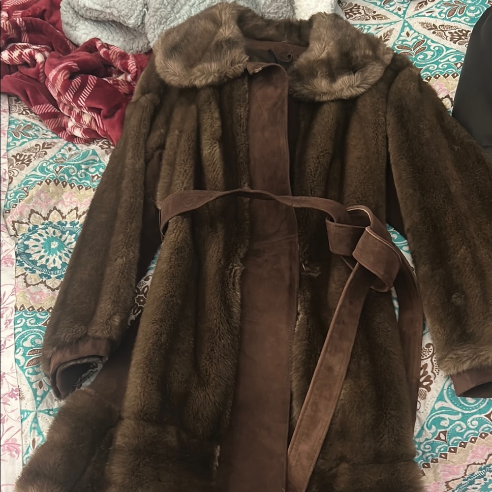 Brown Teddy Jacket with Fur Collar and Belted Waist